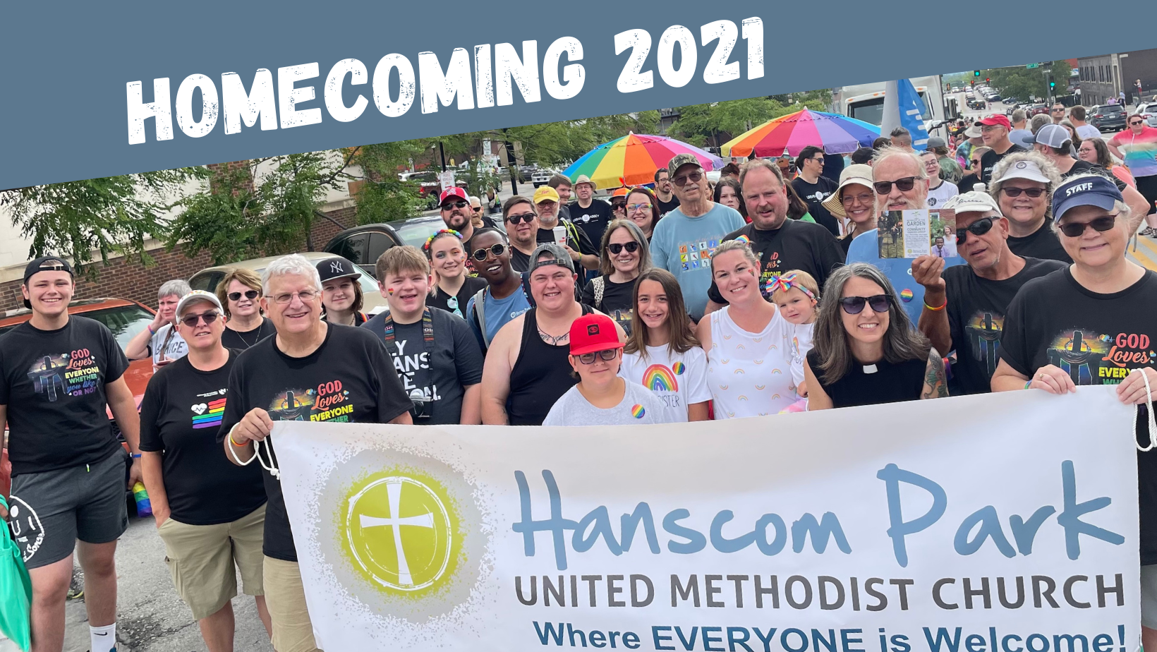 photo of church members at pride parade with header that says homecoming 2021