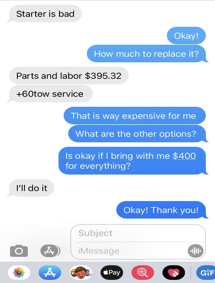 image of a text message in which peter is haggling