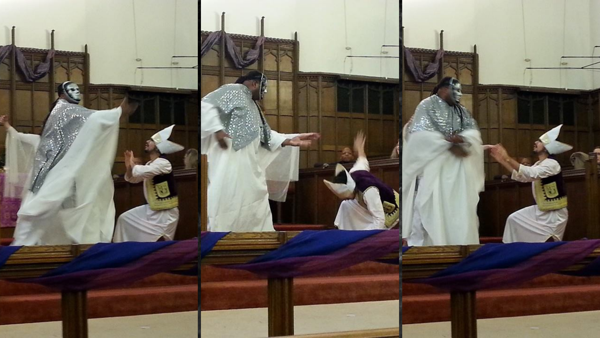 three photos side by side showing man dressed in robe and mask standing over another person