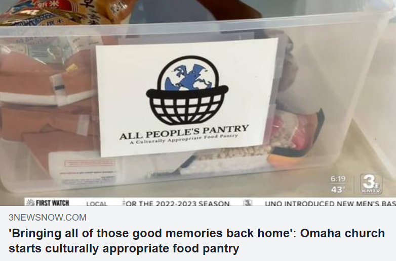 screenshot of video from kmtv news segment showing bin of food with all peoples pantry logo